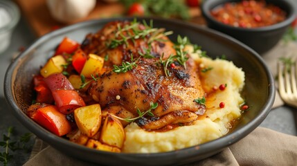 Fototapeta premium Food photography of slow-Cooked Chicken Achiote With Mashed Potatoes & Vegetables