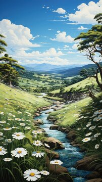 landscape adorned with daisies and lush green grass. Nature's canvas, painted with the hues of new growth. It's a breath of fresh air, capturing the essence of renewal and the beauty of spring.
