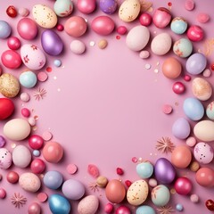 Pink background with colorful easter eggs round frame 