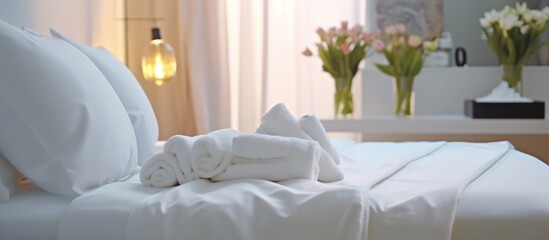 bed with clean white pillows and sheets