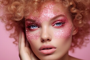 Fashionable Model pink glitter. Beauty portrait. Generate Ai