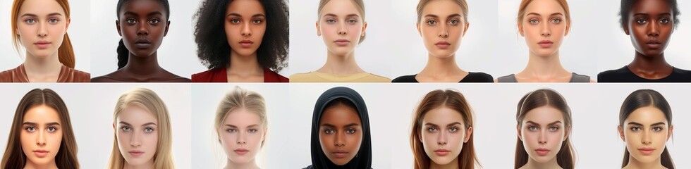 a collection of mug shots featuring serious young women from every ethnic, racial, and geographic background, meticulously arranged to form a composite portrait. - Powered by Adobe