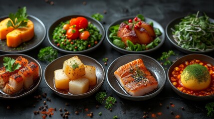  "Variété de plats présentés pour un repas élaboré"