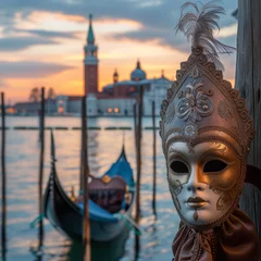 Plexiglas foto achterwand Venetian Mask at Sunset with Gondola and San Giorgio Maggiore in Background © HustlePlayground
