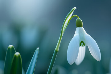 First spring flowers, snowdrop close-up. Background with selective focus and copy space