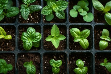 Seedlings in a greenhouse. Background with selective focus and copy space