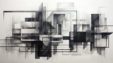 architectural geometric pencil painting in black and white. straight lines. strong contrast. 