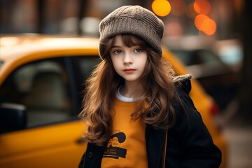 Portrait of a beautiful little girl in a hat on the background of a yellow taxi.