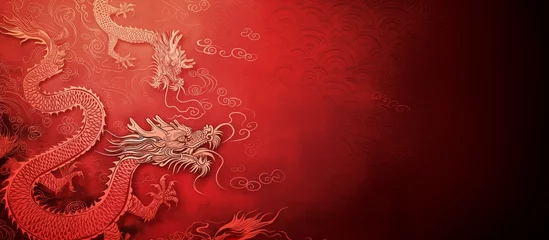 Fotobehang Chinese New Year background with dragon red background, in luxury wall hanging style, luxury fabric, western week, precise lines, festive color style © ME_Photography