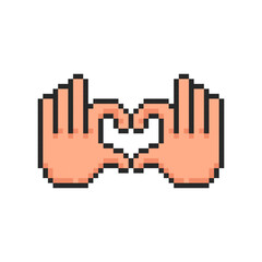 Fototapeta premium Pixel hand, hand gesture in the form heart symbol, two hands joined in a heart symbol.
