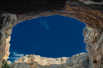 View from the cave to the sky in the celadons "Las Celadas" in Orihuela Tremedal, Teruel, Spain