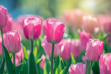 Spring tulips with sunlight. Background with selective focus and copy space