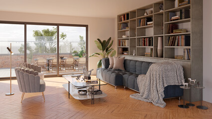 Large luxury modern bright interiors Living room mockup illustration 3D rendering image