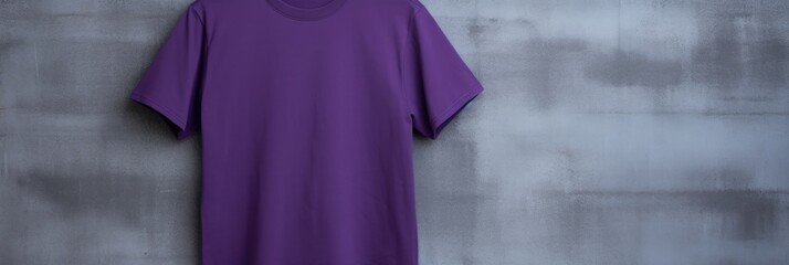Purple t shirt is seen against a gray wall