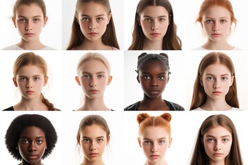 a high-resolution composite image showcasing a variety of young women's serious facial expressions, representing a wide spectrum of ethnicities and races from around the world.