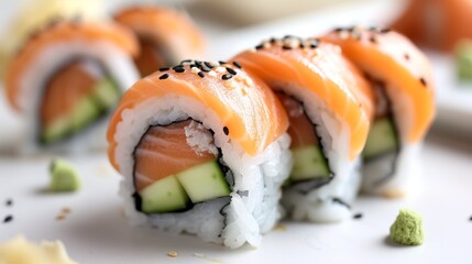 A sushi roll stuffed with salmon, avocado, and cucumber.
