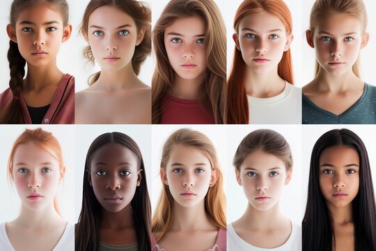 a high-resolution composite image showcasing a variety of young women's serious facial expressions, representing a wide spectrum of ethnicities and races from around the world.