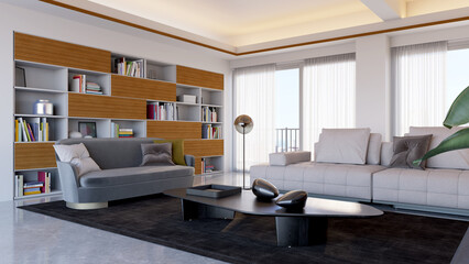 Large luxury modern bright interiors Living room mockup illustration 3D rendering image
