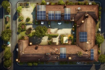 Top down view of houses with solar panels on rooves 
