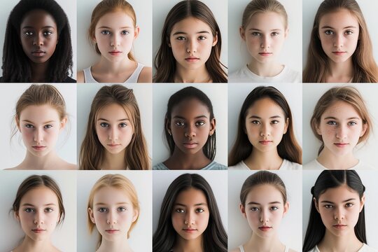 a high-resolution composite image showcasing a variety of young women's serious facial expressions, representing a wide spectrum of ethnicities and races from around the world.
