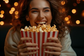 The woman laughs with popcorn. Background with selective focus and copy space - obrazy, fototapety, plakaty