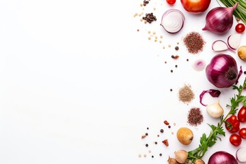 Top view of red onion and spices on white background with copyspace for text