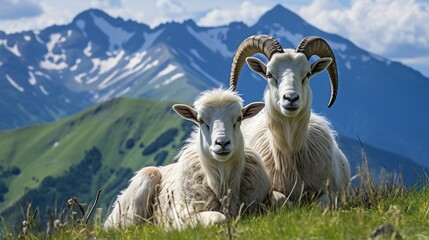 Portrait of two horned white mountain goats altitude a rocky mountain. - obrazy, fototapety, plakaty