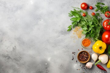Food cooking ingredients background with fresh vegetables, herbs, spices and olive oil on white...