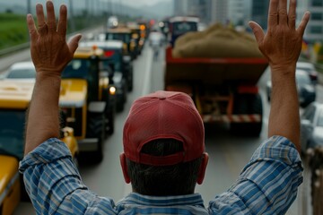 Male farmer at a protest. Background with selective focus and copy space