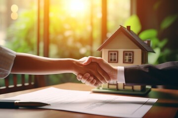 real estate broker manager hand shake to customer after signing contract for buying house in estate agent office behind House model, investment, home loan contract, buy and sell house concept  - obrazy, fototapety, plakaty