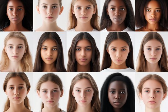 a panoramic image consisting of headshots of young women from various ethnicities and races, each showing a solemn expression.