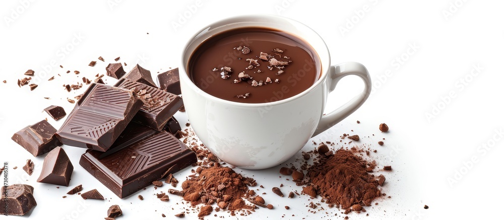 Sticker Isolated hot chocolate and chocolate pieces on a white background.