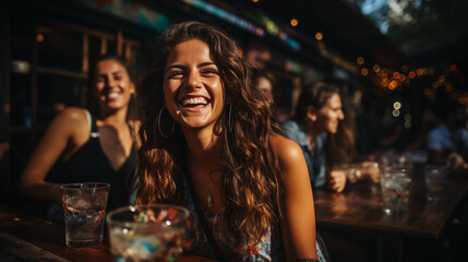 Happy girls having fun cheering with cocktails at bar. People, happiness, recreation and lifestyle concept - obrazy, fototapety, plakaty