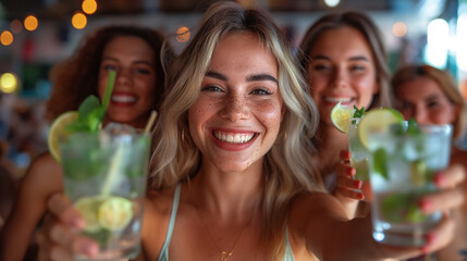 Happy girls having fun cheering with cocktails at bar. People, happiness, recreation and lifestyle concept - obrazy, fototapety, plakaty