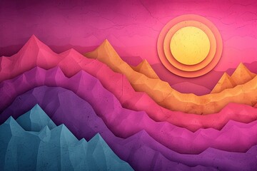 minimalistic 3D landscape. Horizon with sun and moutain shapes. abstract background. 