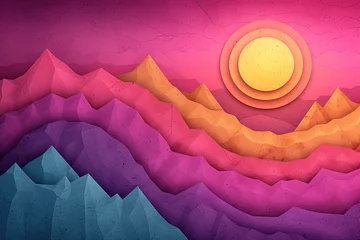 Poster de jardin Roze minimalistic 3D landscape. Horizon with sun and moutain shapes. abstract background. 