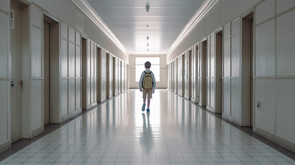 Teenager Walking Down empty school Hallway