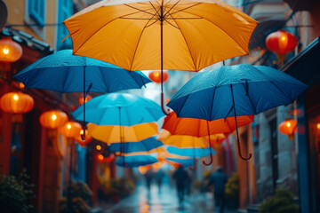 Fototapeta premium A series of colorful umbrellas suspended above a busy street, creating a vibrant and festive atmosphere. Concept of street decoration and celebration. Generative Ai.