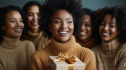 A joyful African woman, surrounded by friends, holds a gift received from them, expressing the warmth of interpersonal connections and the joy of sharing special moments. - obrazy, fototapety, plakaty