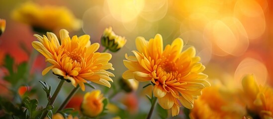 Yellow and orange chrysanthemums bloom on a farm, displaying vibrant colors and natural petal patterns with selective focus.