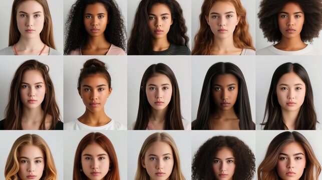a series of headshots depicting young women of diverse ethnic and racial backgrounds, each portraying a serious demeanor.