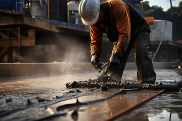 Workers mixing ad pouring concrete, mixing concrete, construction workers, building, construction