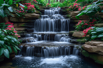 A cascading waterfall framed by lush greenery, illustrating the soothing and rejuvenating power of nature. Concept of natural serenity and tranquility. Generative Ai.