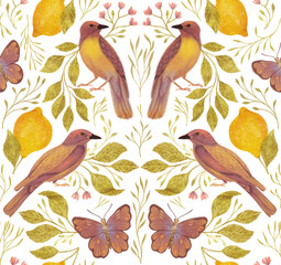 Symmetrical seamless pattern with birds, leaves, lemons, butterflies. Tropical watercolor pattern on a white background.