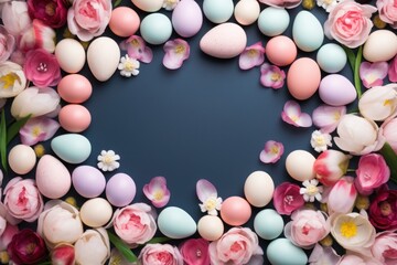 Rose background with colorful easter eggs round frame