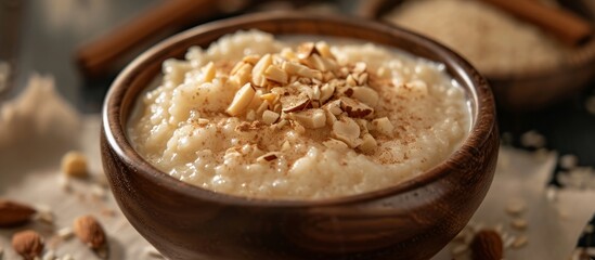 Almond-infused rice pudding with cinnamon accents.