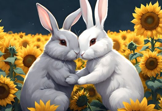 two rabbits with brown fur holding hands in a field of sunflowers. The sunflowers are tall and bright yellow, reaching high above the rabbits.
