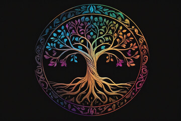 A minimalist design of a tree of life, pure black background