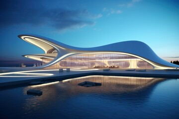 Aesthetic Modern architecture facade wave style. New shape geometry edifice. Generate Ai