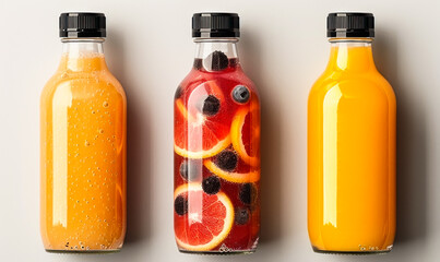 Three assorted fresh fruit juices in glass bottles with black caps on a neutral background, representing healthy dietary choices and natural beverages